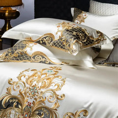 4/6/7Pcs European Luxury Gold Embroidery Satin 1000TC Egyptian Cotton Bedding Set
