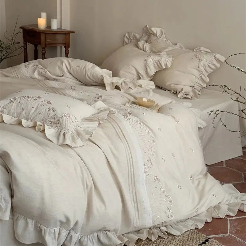Flowers Embroidery Ruffles Luxury Bedding Set
