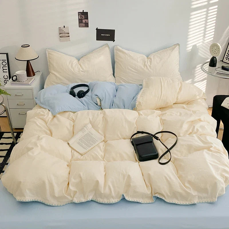 3 Pcs Simple Solid Color Quilt Cover Set with Pillowcases Stitching Design King Queen Size Bedding Set
