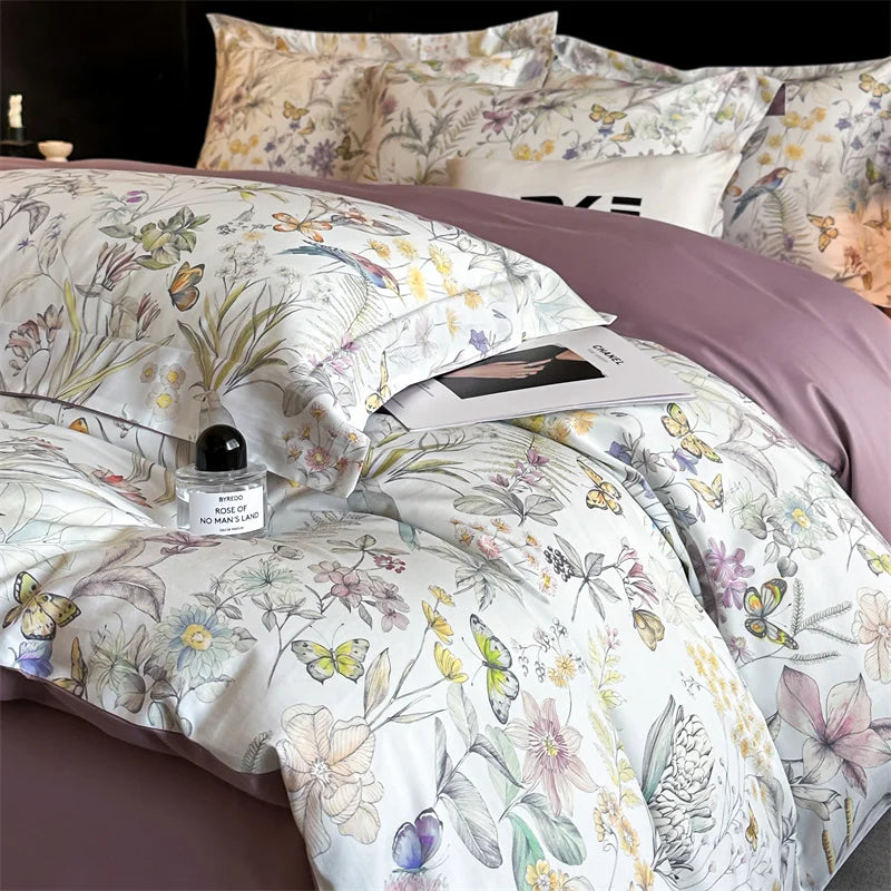 600TC Egyptian Cotton Flowers Butterfly Print Bedding Set