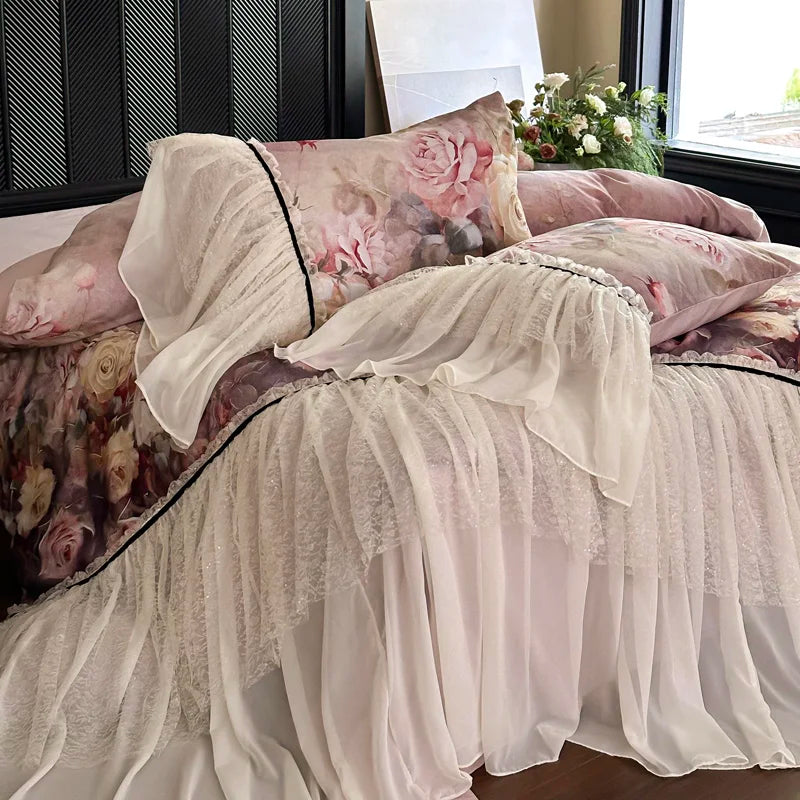 600TC Egyptian Cotton Thickened Brushed Rose Print Lace Ruffles Bedding Set
