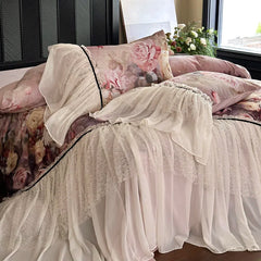 600TC Egyptian Cotton Thickened Brushed Rose Print Lace Ruffles Bedding Set