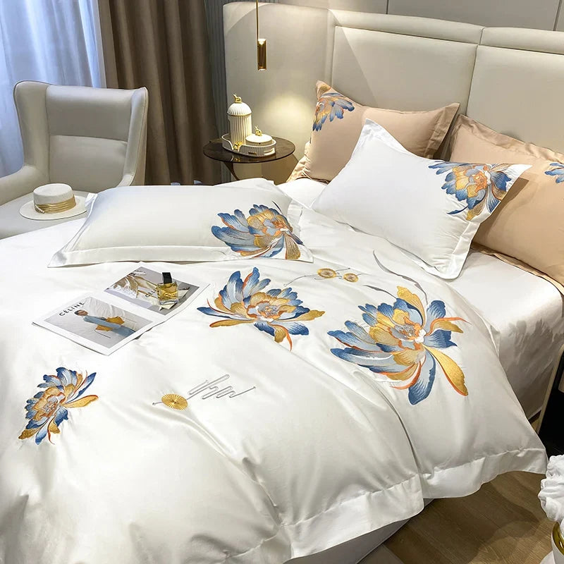 Luxury 1000TC Egyptian Cotton 4Pcs Bedding Set, Flower Embroidery Soft Hotel Grade Duvet Cover & Sheet Set With Pillowcases