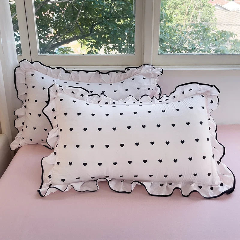 Heart Print Duvet Cover Set Princess Style Lace Ruffles Bedding Set