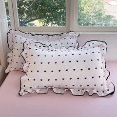 Heart Print Duvet Cover Set Princess Style Lace Ruffles Bedding Set