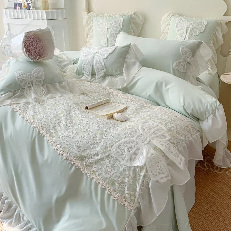 3/4Pcs Korean Princess-Style Bow Lace Ruffle Green Bedding Set