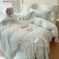 3/4Pcs Korean Princess-Style Bow Lace Ruffle Green Bedding Set