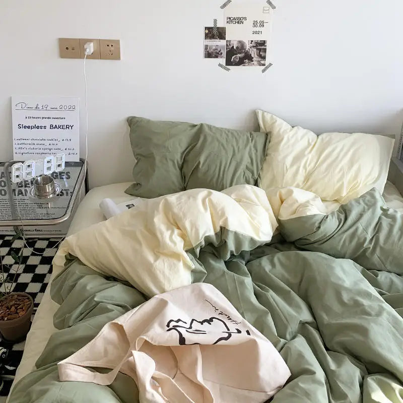 Solid Duvet Cover Set with Sheet Pillowcases Korean Comforter Cover Bed Linen Twin Full Queen Size Grid Home Bedding Set