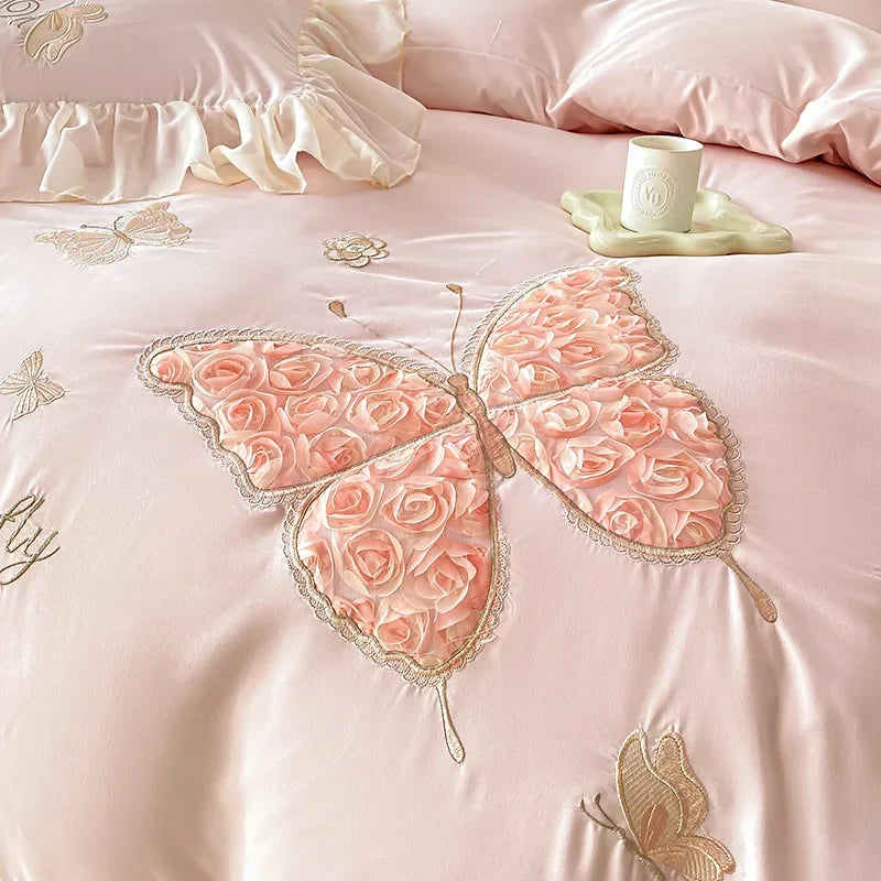 3/4Pcs Korean Princess Style Washed Cotton Three-Dimensional Embroidered Butterfly Queen Size Bedding Set