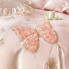 3/4Pcs Korean Princess Style Washed Cotton Three-Dimensional Embroidered Butterfly Queen Size Bedding Set