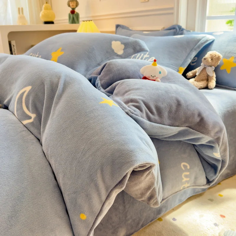 Cartoon Print Milk Velvet Duvet Cover Set Sheet Pillowcase Winter Plush Comforter Cover Set Home Textile Queen King Bedding Set