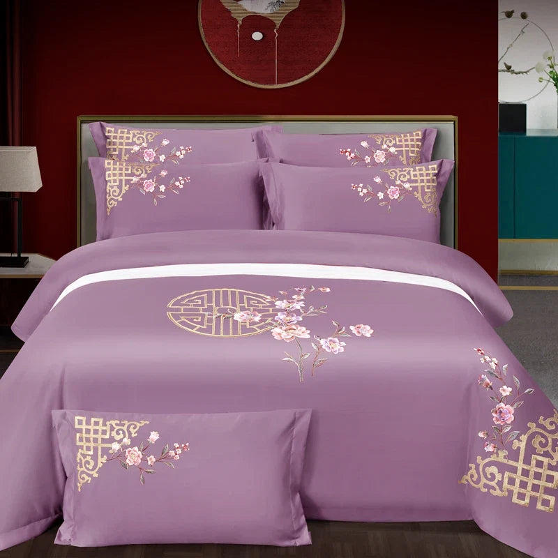 100% Cotton Luxury Oriental Golden Geometric Pattern Flowers Embroidery Bedding Set