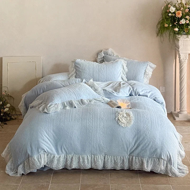 4Pcs French Princess Style Carved Velvet Warm Winter Thickened Bedding Set