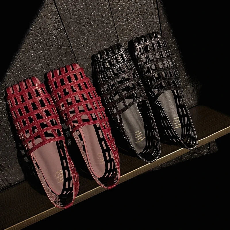 leather cowhide square toe hollow breathable and comfortable low Heel