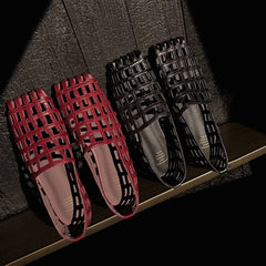 leather cowhide square toe hollow breathable and comfortable low Heel
