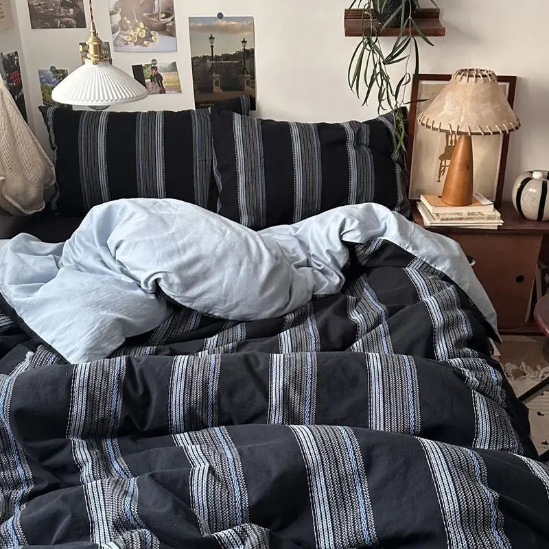 Blue Black Strip Duvet Cover Set with Zipper No Filler Nordic Bed Flat Sheet Pillowcases Single Double Size Girl Boy Bedding Set