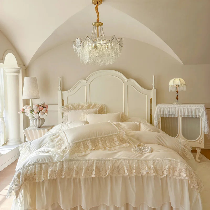 100% Cotton French Princess Bedding Set, Ruffle Bed Skirt Duvet Cover Set with Faux Pearl Lace Trim, Queen King Size Bed Linen