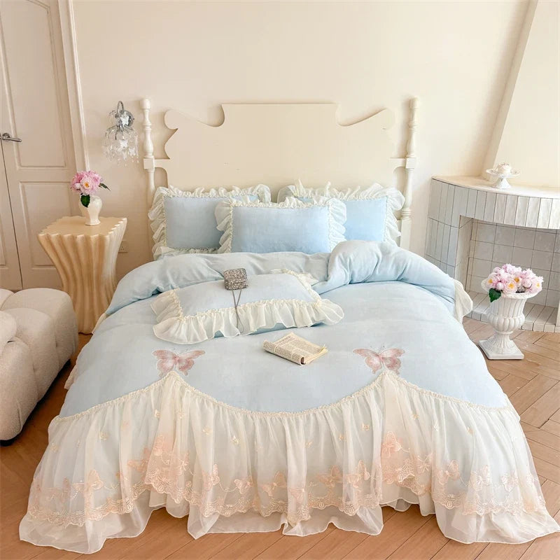 Butterfly Embroidery Lace Ruffles Princess Bedding Set