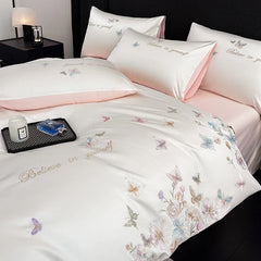 Chic Butterfly Flowers Embroidery 100% Cotton Luxury Bedding Set