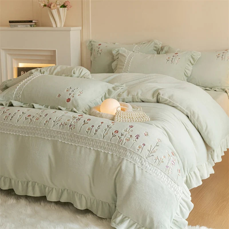 Pink Flowers Embroidery Lace Ruffles Velvet Luxury Bedding Set