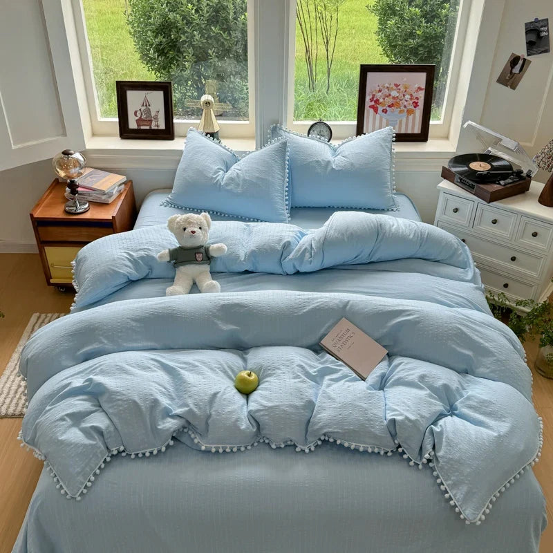 3/4Pcs Solid Color Round Ruffle Bedding Set