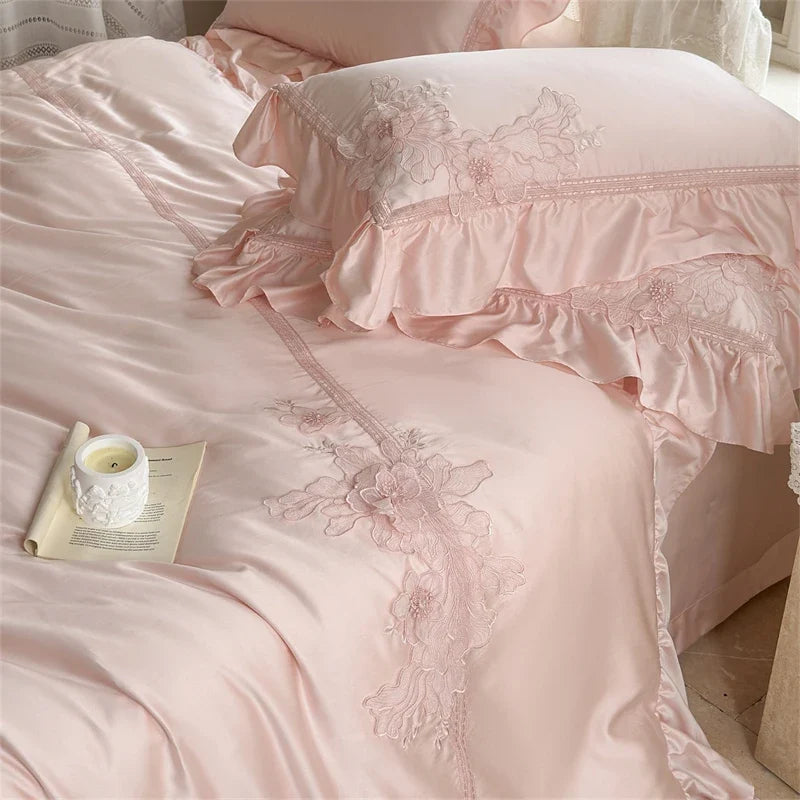 Pink Flowers Embroidery Ruffles Princess Wedding Bedding Set