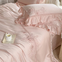 Pink Flowers Embroidery Ruffles Princess Wedding Bedding Set