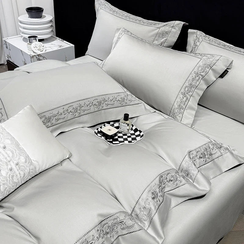 600TC Egyptian Cotton Bedding Set, Luxury Embroidery Duvet Cover with Pillowcases, Flat/Fitted Bed Sheet for Home Hotel, 4Pcs