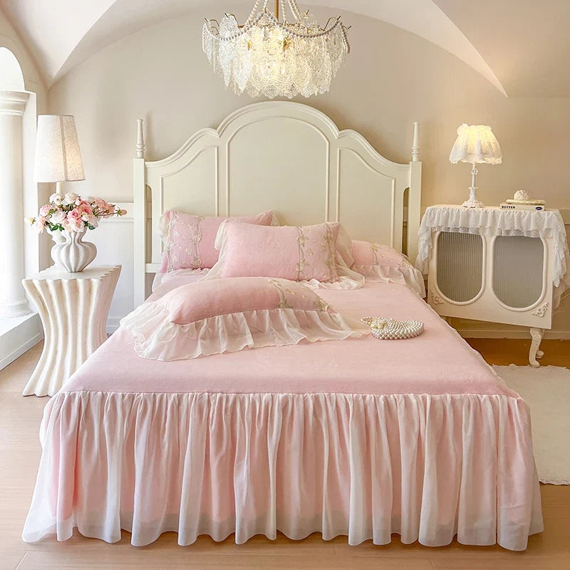 Lace Ruffles Embroidery Milk Velvet Winter Warm Thickened Princess Bedding Set