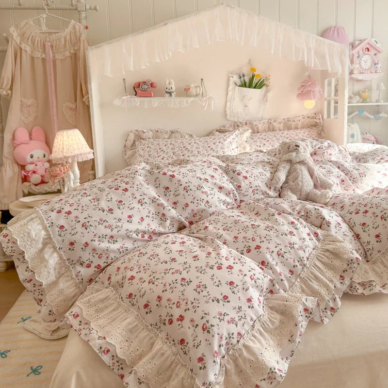 100% Cotton Double Layer Lace Ruffle Floral Bedding Set