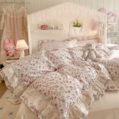 100% Cotton Double Layer Lace Ruffle Floral Bedding Set