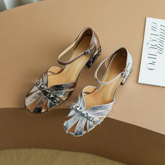 Baotou Cowhide Metal Rivet Set Diamond Bag and Roman High Heel