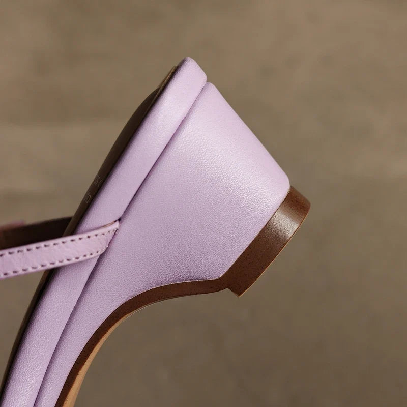 leather cowhide square toe simple elastic buckle middle Heel