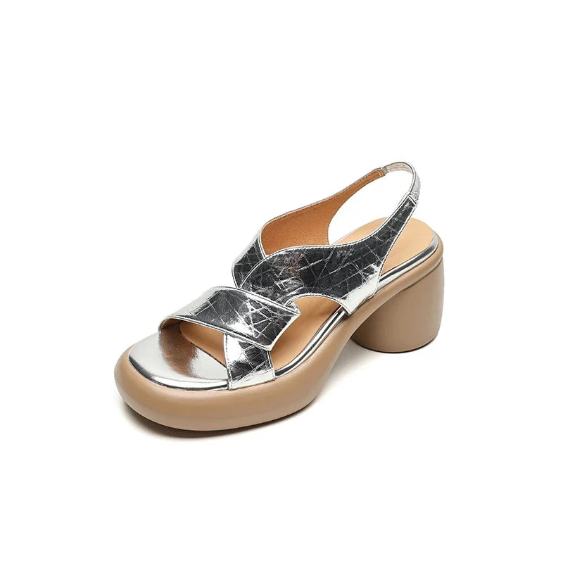 leather cowhide round toe thick sole loose grip high Heels
