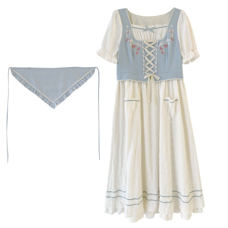 Strawberry Garden 3-Piece Set Cottagecore Dress with Head Scarf