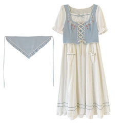 Strawberry Garden 3-Piece Set Cottagecore Dress with Head Scarf