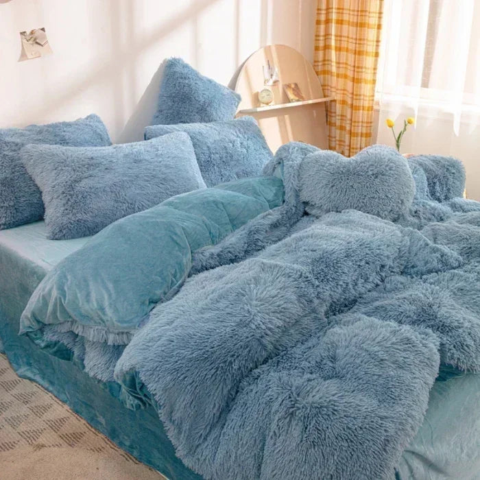 Solid Color Fluffy Long Plush Winter Bedding Set