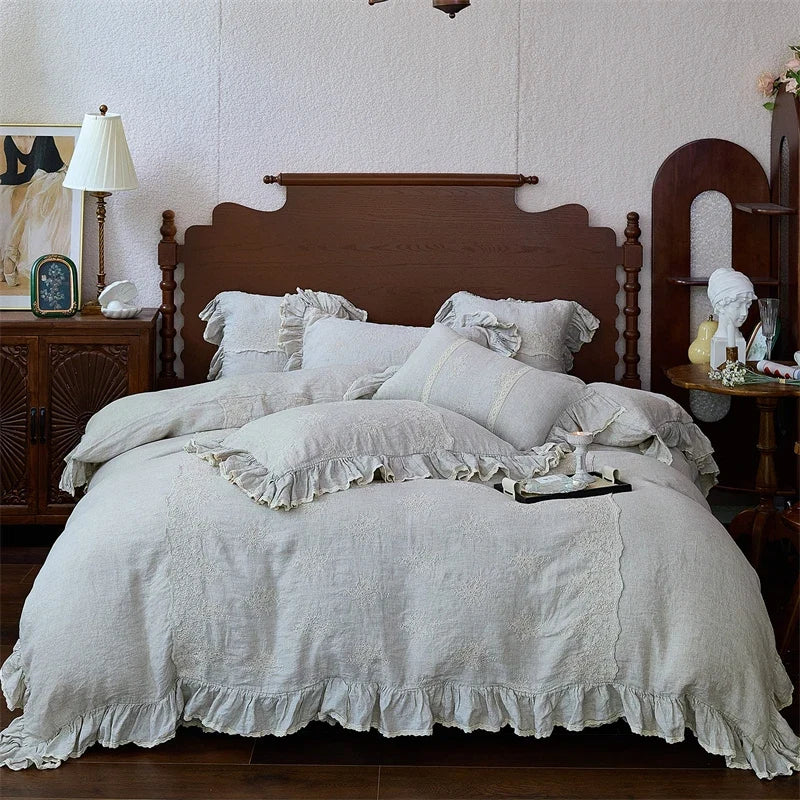 100% Pure Linen Vintage French Lace Ruffles Luxury Bedding Set