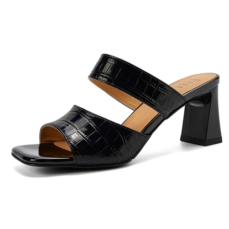 leather embossed cowhide high-heeled retro open toed fish mouth Shoes