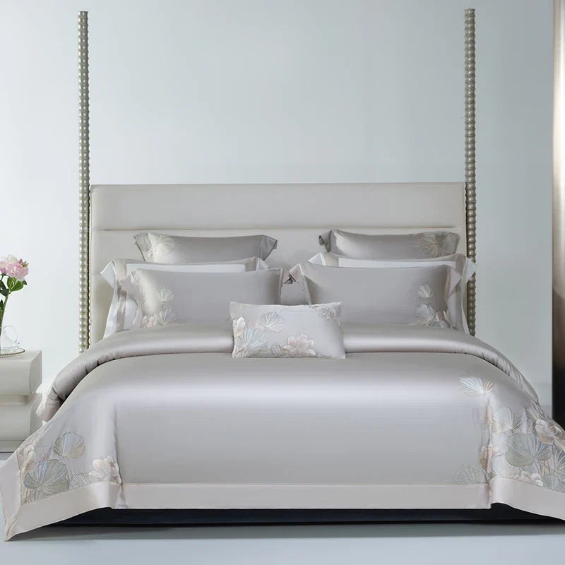 4Pcs Luxury Lotus Flowers Embroidery 1200TC Lyocell Cotton Soft Silky Bedding Set