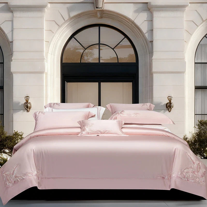 Champagne Luxury Leaf Embroidery Bedding Set