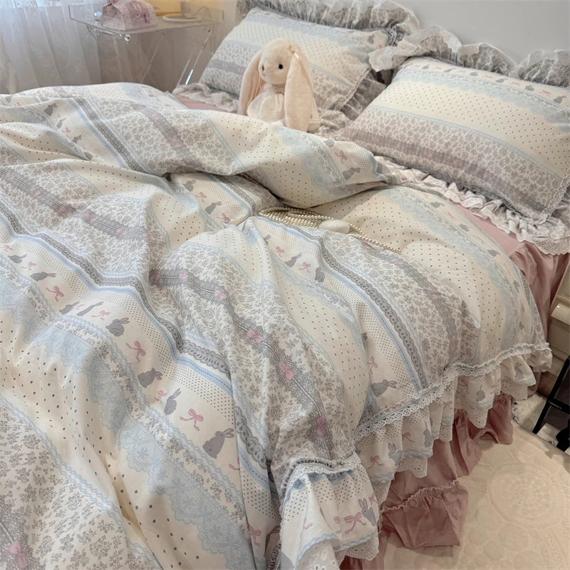 3/4Pcs Korean Princess Style Floral Lace Ruffle 100% Cotton Bedding Set