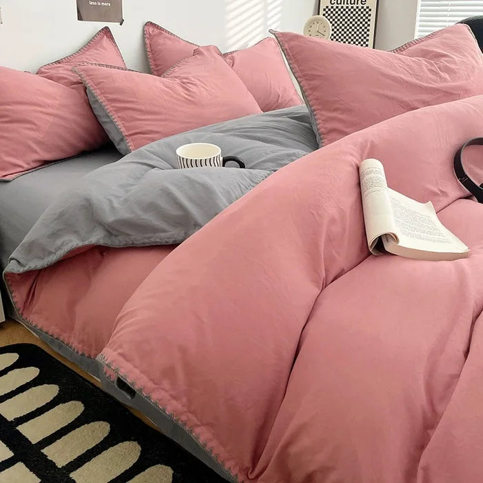 3 Pcs Simple Solid Color Quilt Cover Set with Pillowcases Stitching Design King Queen Size Bedding Set