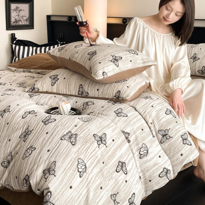 Winter Warm Velvet Duvet Cover Set Printed Queen Bedding Set