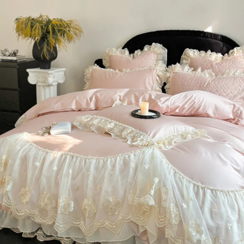 4Pcs Pink Romantic Lace Ruffles Princess Wedding Bedding Set