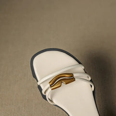 Leather Cowhide Metal Accessories with Elastic Buckle Round Toe Open Toe Shoes