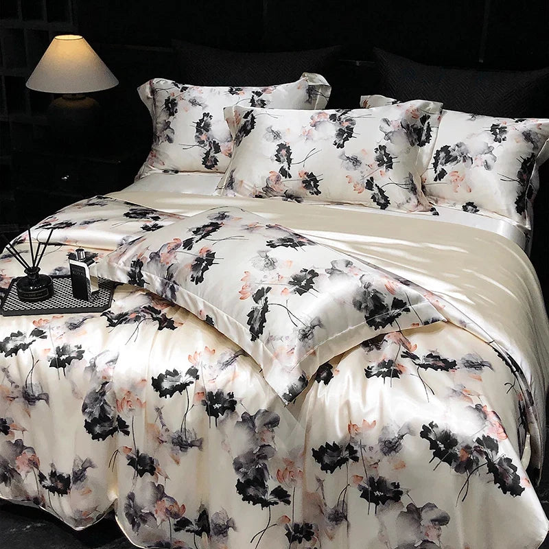 Luxury Mulberry Silk Duvet Cover High End Floral Printed Bedding Set