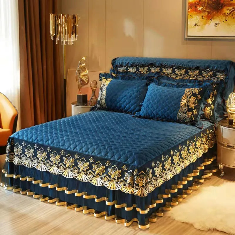 European Style Winter Lace Embroidery Bed Skirt Set High Quality Thickened Bed Cover Bedding Set