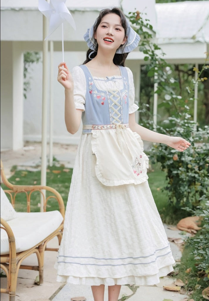 Strawberry Garden 3-Piece Set Cottagecore Dress with Head Scarf