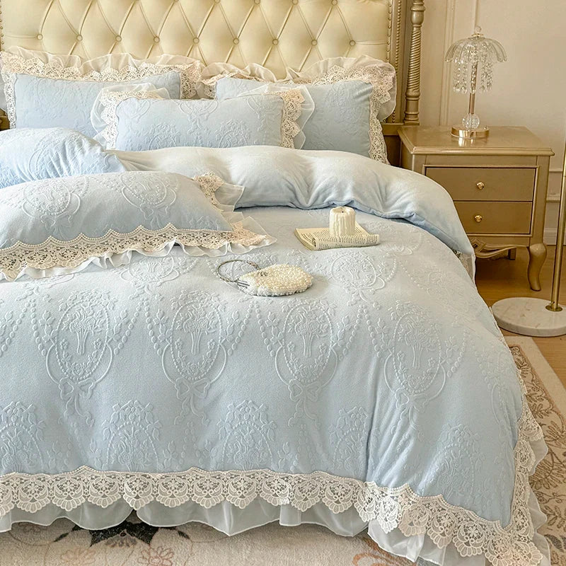 4Pcs Vintage French Romantic Lace Ruffles Carved Velvet Warm Winter Princess Bedding Set